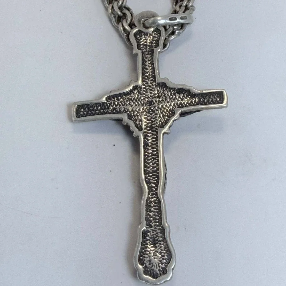 Sterling Silver 925 Crucifix Pendant Heavy Woven Chain Necklace 51g 24in